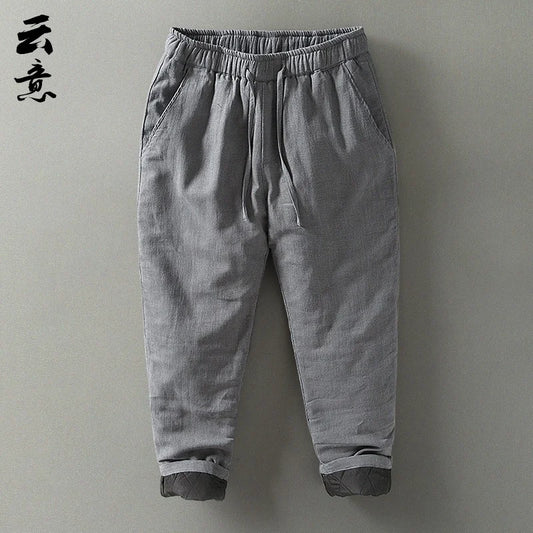 Men's Winter Thickened Cotton Linen Casual Pants Loose Fit Thermal Long Trousers Traditional Chinese Style Warm Cotton Padded