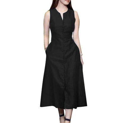 ZANZEA 2025 Summer Sundress Women Stylish Solid Party Holiday Vestidos Elegant V Neck Sleeveless Midi Dress Robe Femme Kaftan