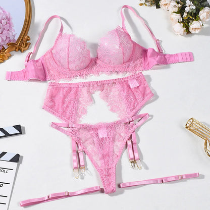 Ellolace Solid Lingeries Sexy Hot Elegant Bra Belt Thong 3PC with Leg Circles Cute Intimate Seductive Lace Tempted Underwear
