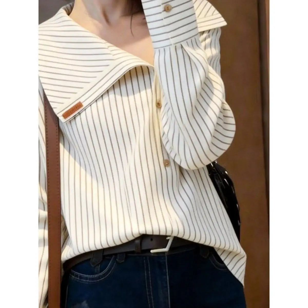 Elegant Unique Stylish Spring 2026 Casual Shirt Design Sensation  Personality Long Sleeve Striped Navy Collar Loose Fit