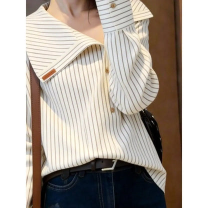 Elegant Unique Stylish Spring 2026 Casual Shirt Design Sensation  Personality Long Sleeve Striped Navy Collar Loose Fit