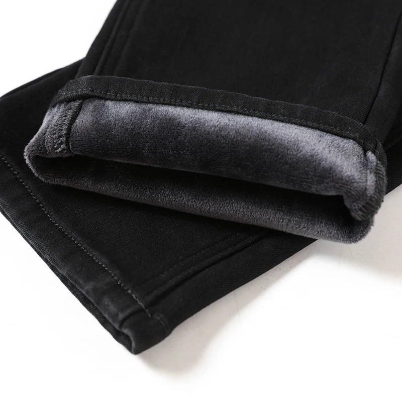 Winter Black Elastic Warm Jeans Men's High Quality Thick Fleece Elastic Slim Straight Denim Pants Korean Fashion Plush Trousers