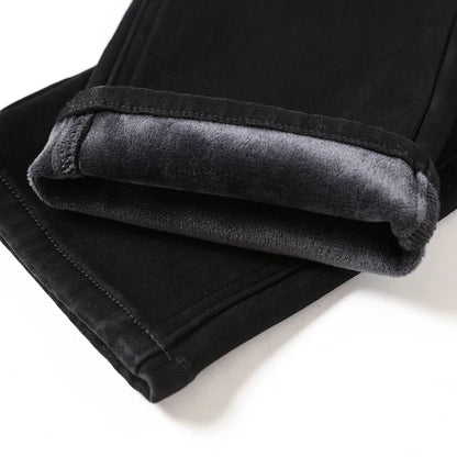 Winter Black Elastic Warm Jeans Men's High Quality Thick Fleece Elastic Slim Straight Denim Pants Korean Fashion Plush Trousers