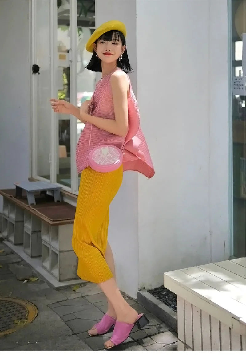 Unique Folded Design Sleeveless Top Set for Small Women Elegant Suitable Travel Wear Polyester Summer T-Shirt round Neck High...