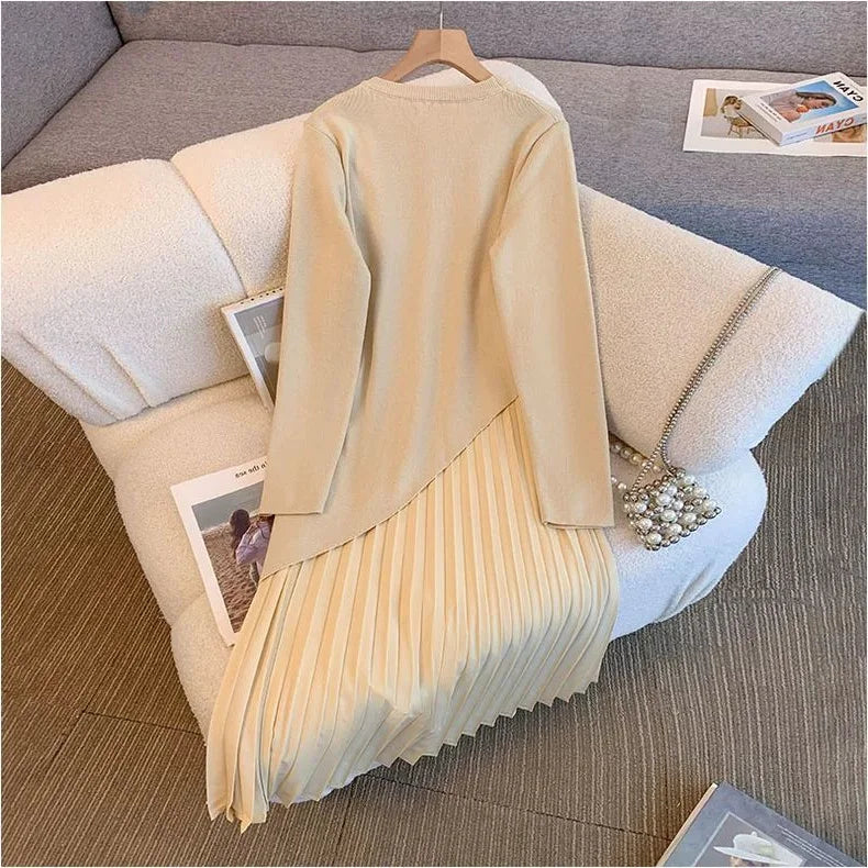 Elegant Long Sleeve Knitted Pleated Dress Autumn New Style plus Size Unique Loose Design Korean Commute Style Women's Dress