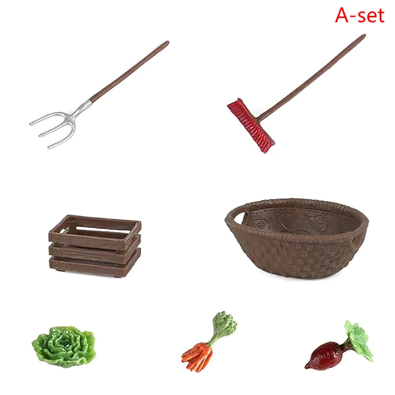 1Set 1:12 Dollhouse Miniature Farm Tool Ax Shovel Pull Cart Broom Boots Watering Can Garden Decor Toy Doll House Accessories
