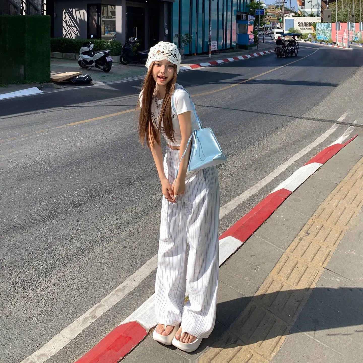 High-waist loose wide-leg pants, spring and summer new drawstring vertical striped versatile straight-leg casual pants for women