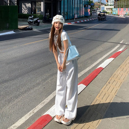 High-waist loose wide-leg pants, spring and summer new drawstring vertical striped versatile straight-leg casual pants for women