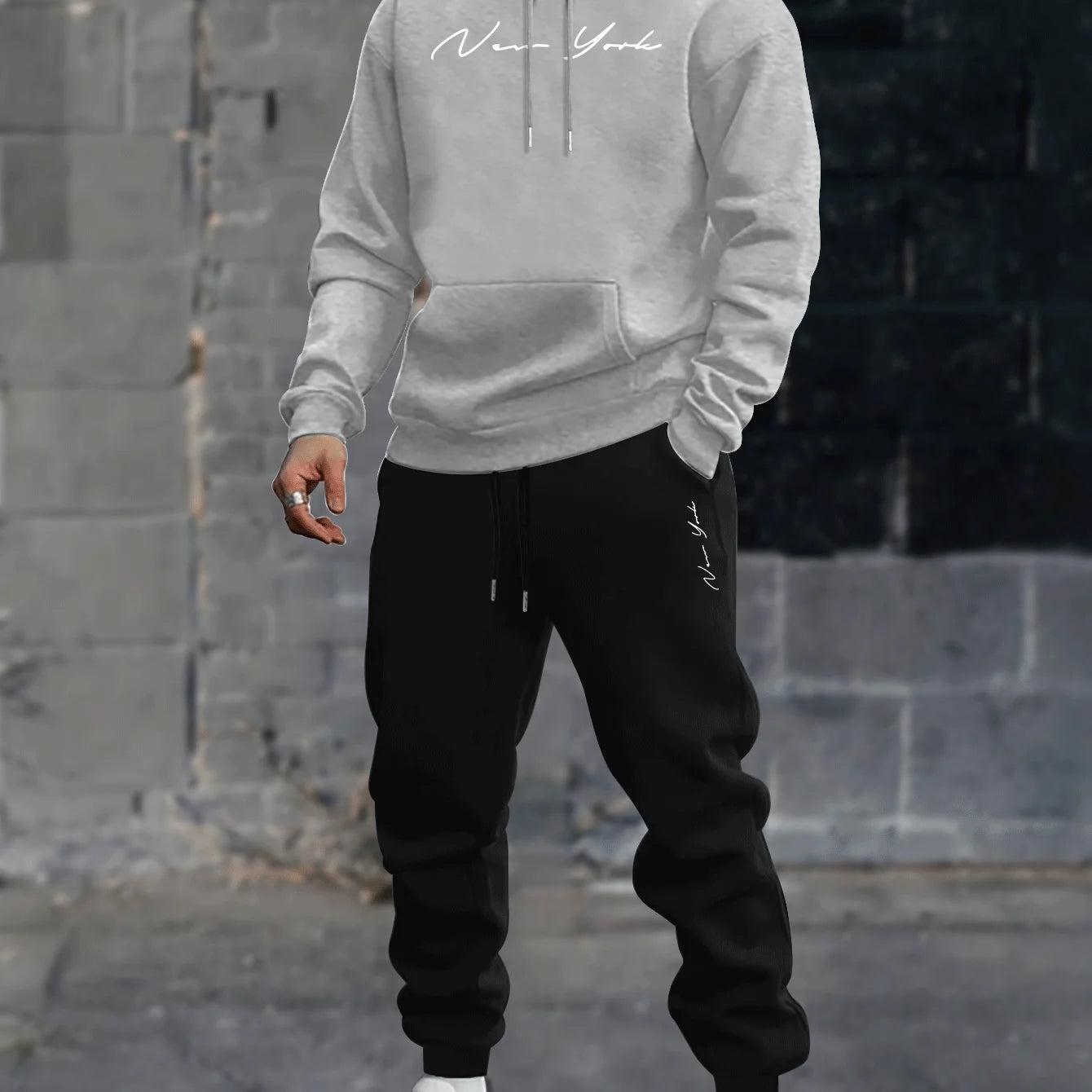 Men's printed hooded sweater and fleece pants set new two-piece winter-spring boyfriend sweatshirt and drawstring casual pants