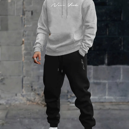 Men's printed hooded sweater and fleece pants set new two-piece winter-spring boyfriend sweatshirt and drawstring casual pants