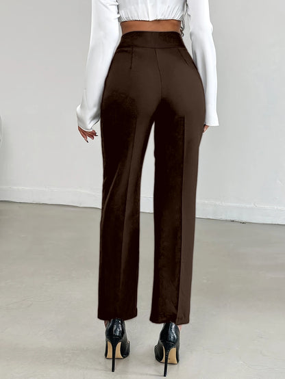 Women's Brown High Waist Straight Suit Pants | Euro Style Draped Flattering Office Work Cropped Trousers, Versatile
