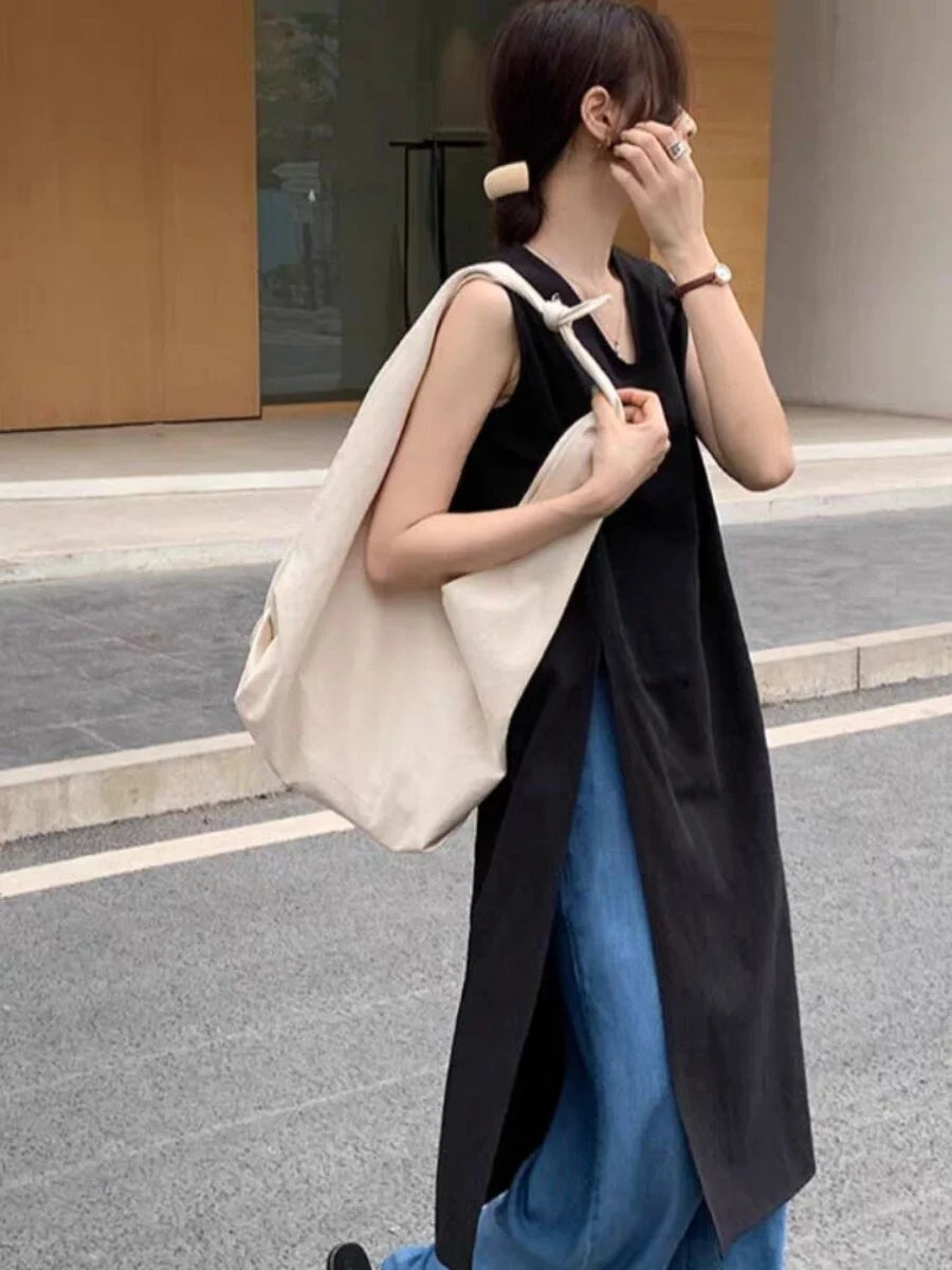 Simple Style Mid-Length V-Neck Women's Dress Knee-Covering Summer Cotton Linen A-Line Skirt Casual City Walk Dress