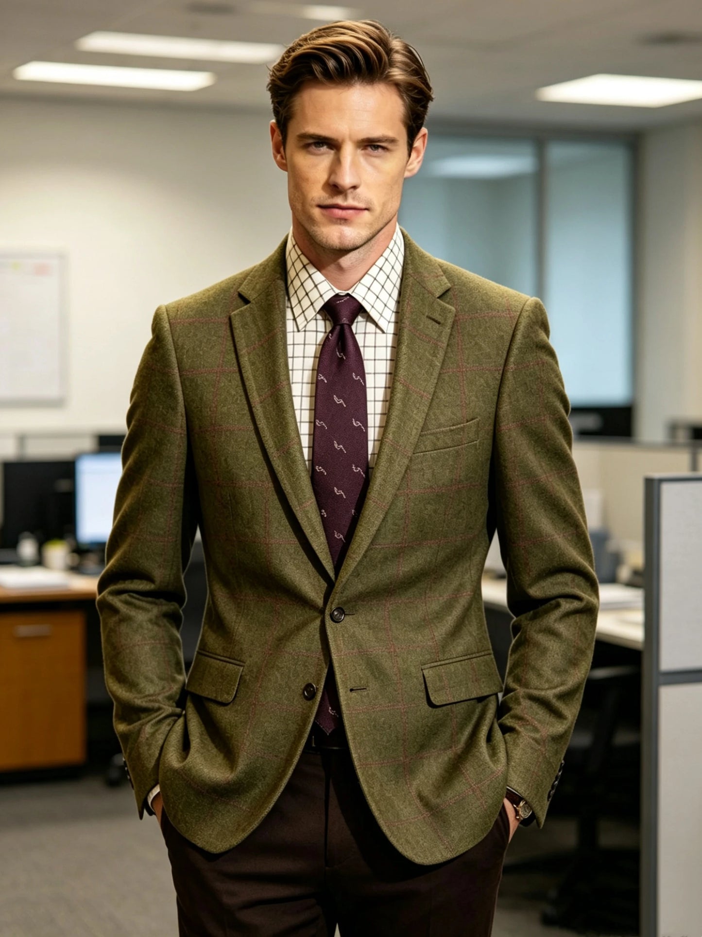 Men's Green Plaid Woolen Blazer Single Breasted Two Buttons Coat Prom Tuxedo Business Wedding Jacket Casual Wool Suit One Coat