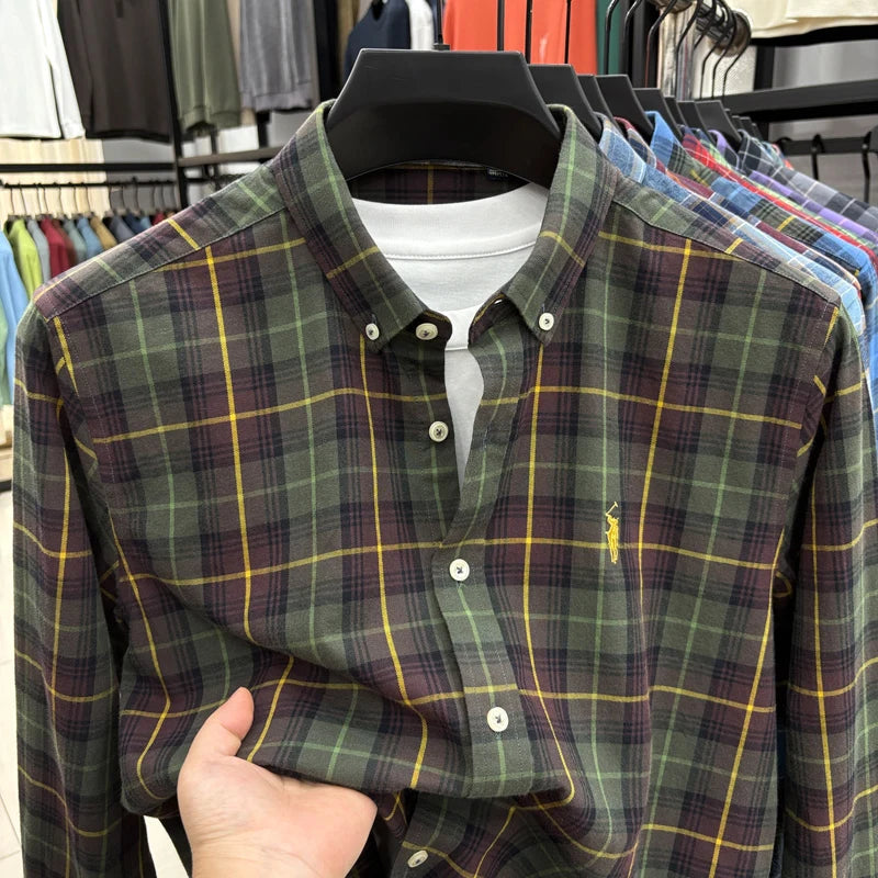 American-style Plaid Long-sleeve Shirt for Men, Pure Cotton Casual Trendy Brand Embroidered Red Shirt Top for Spring and Autumn