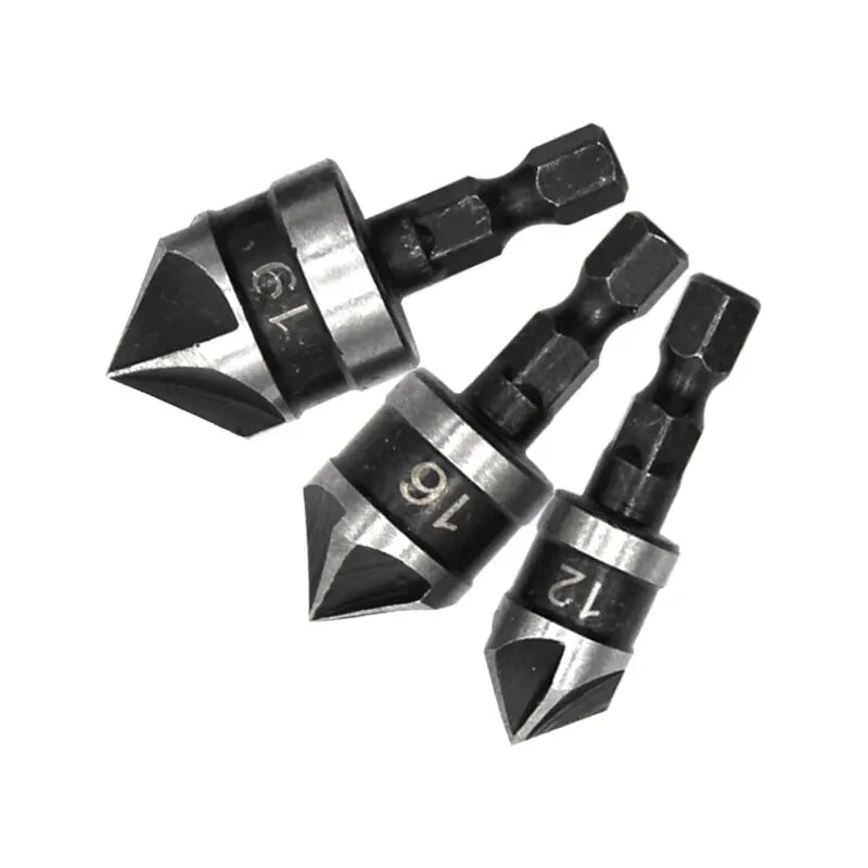 3PC Hexagonal Shank 90 Degree Black Five Blade Chamferer 12/16/19mm Countersink Drill Woodworking Hole Opener Tool Set