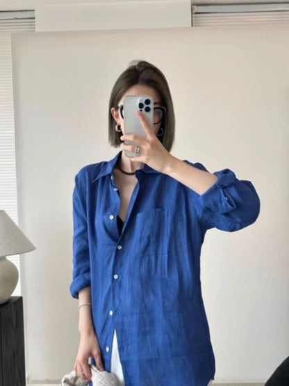 Women's Pure Linen Shirt Loose Fit Cotton Linen Sun Protection Versatile Shape Summer New plus Size Shirt Coat  Collar