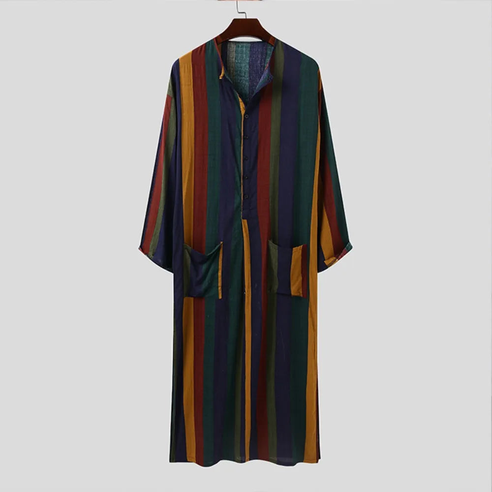 Men's Striped Print Arabic Thobe - Long Sleeve One Piece Islamic Robe,Middle Eastern Traditional Muslim Wear with Ethnic Pattern