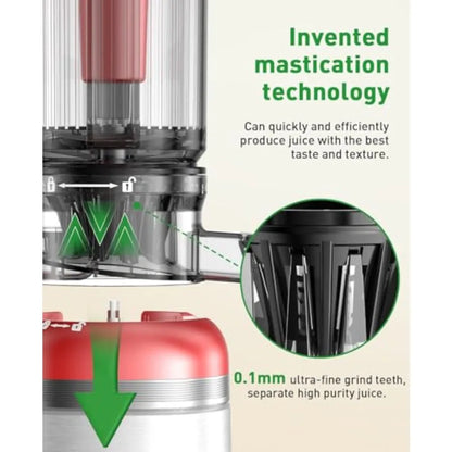 Cold Press Juicer Machines for home kitchen use, ABS plastic body, red color, wide feed chute and high juice yield