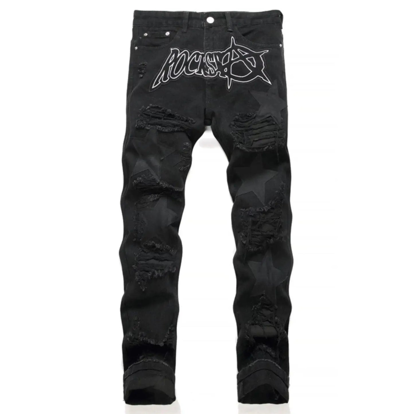 Punk Style Men's Slim Fit Straight Leg Denim Jeans Black Hole Patch Embroidery Non Stretch Fashion Urban Casual Cotton Polyes...