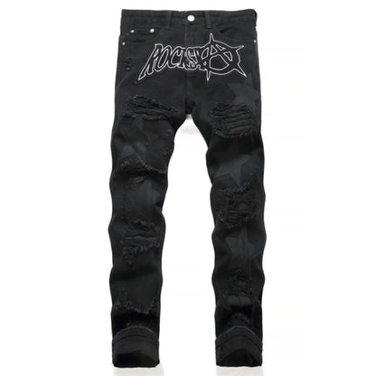 Punk Style Men's Slim Fit Straight Leg Denim Jeans Black Hole Patch Embroidery Non Stretch Fashion Urban Casual Cotton Polyes...