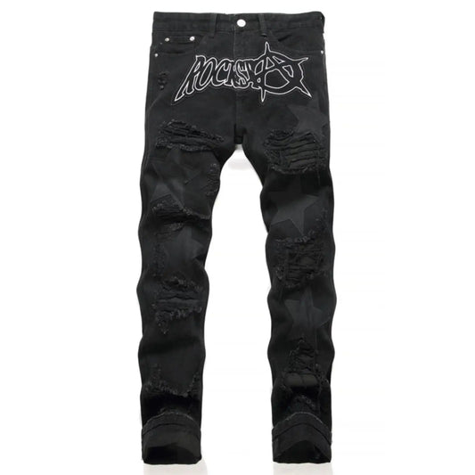 Punk Style Men's Slim Fit Straight Leg Denim Jeans Black Hole Patch Embroidery Non Stretch Fashion Urban Casual Cotton Polyes...
