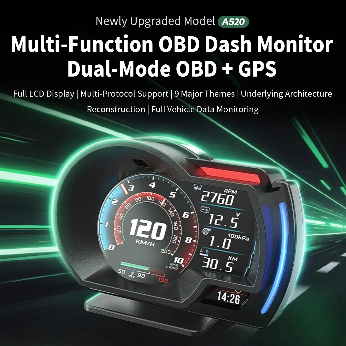 Head up Display OBD + GPS Car Water Temperature Turbo Oil Temperature Multi-function Meter LCD Display Automotive Speed Alarm