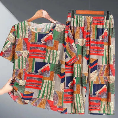 Ice Silk Two-Piece Set for Mom Summer Casual Short Sleeve Large Size Elderly Women's Fashionable Stripe And Plaid Ensemble