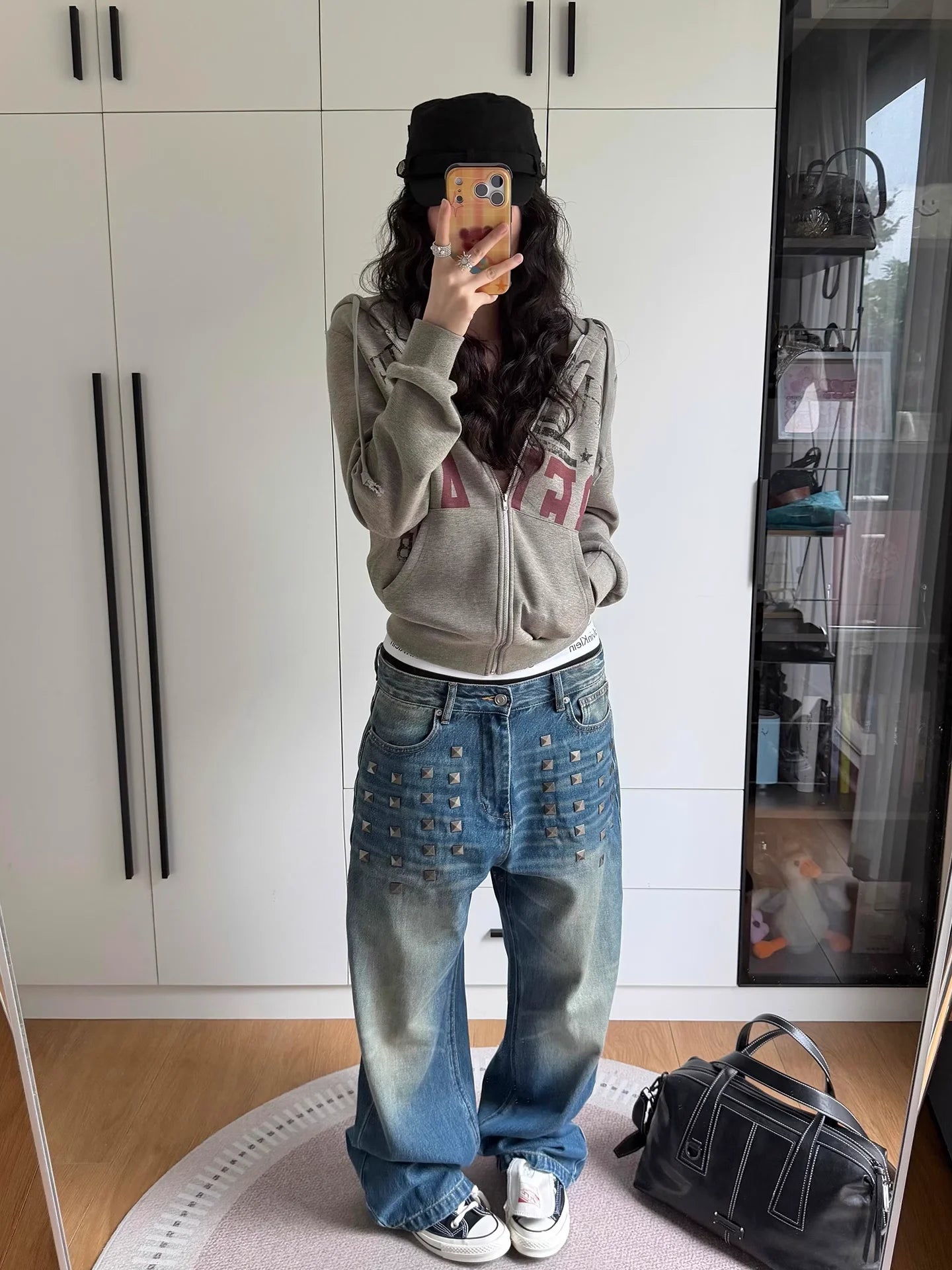 Retro American Washed Square Rivet Straight Leg Jeans Unisex Vintage  Drag Casual Loose Fit Jeans Cotton Polyester Blend
