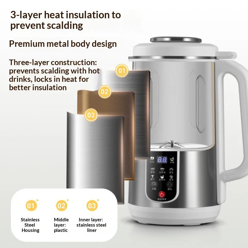 1.2L Soymilk Machine Stainless Steel Electric Milk Frother Multifunctional Large Capacity Household Blender