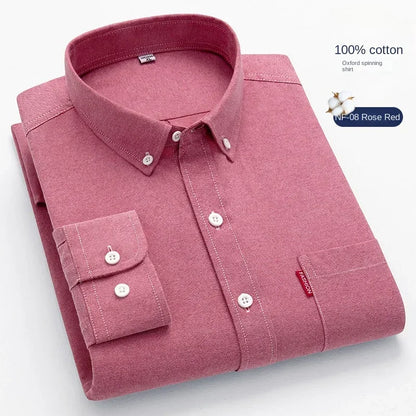 100% Pure Cotton Men's Solid Color Long Sleeve Shirt Youth Casual Cotton Oxford Spun Large Size Shirt Men's