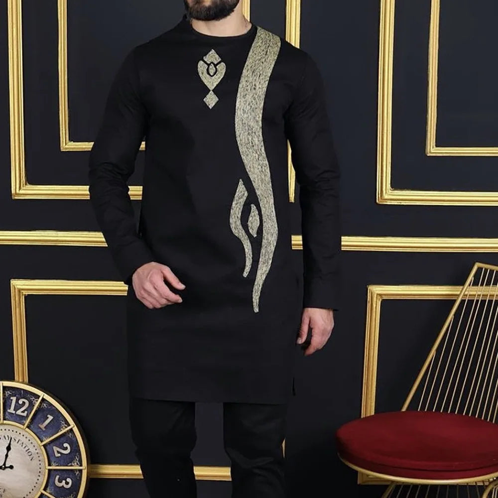Fashionable Ethnic Embroidered Long Sleeve Long Pants Suit for Men New 2026 Style Summer Season round Neck Single Button Closure