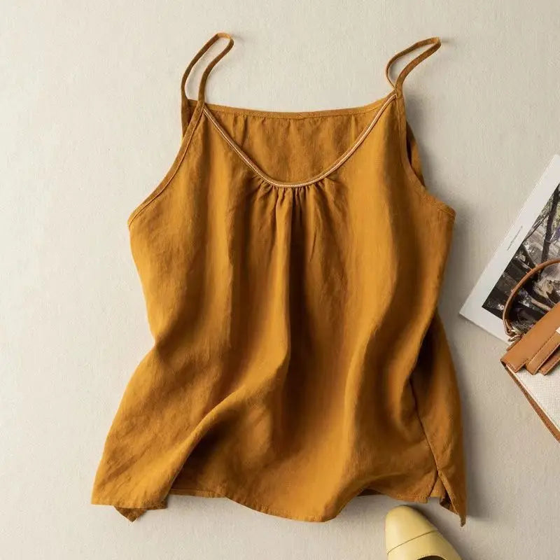 Women's Retro Cotton Linen Tank Top Summer Thin Solid Color Loose Sleeveless Top Female Fashion Casual Basic Vest