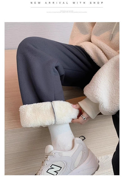 Thickened Fleece Women's Sports Pants Autumn Winter New Style Casual Loose Wide Leg Sweatpants High Waist Polyester Fiber