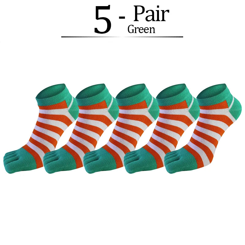 5 Pairs/lot Combed Cotton Ankle 5 Finger Socks Men Boy Striped Colorful Casual Sweat-Absorbing Breathable Boat No Show Toes Sock