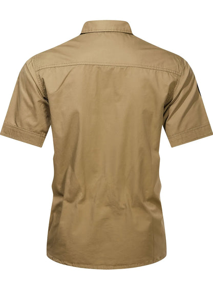 Men's military-style short-sleeved shirt, 100% cotton, multi-pocket design, lightweight and comfortable