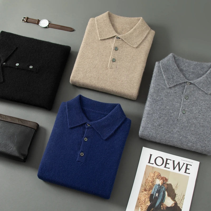 MVLYFLRT 2023 Men's New Polo Shirt Long Sleeve 100% Cashmere Knitted Pullover Solid Color Sweater Casual Business Office PL-2312