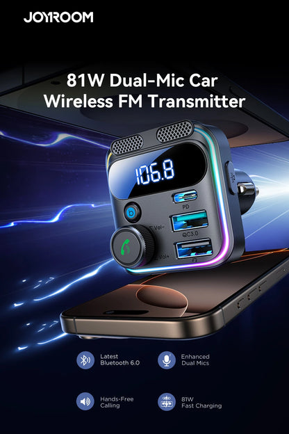 JOYROOM 81W Bluetooth 6.0 Car FM Transmitter Dual Mics PD&QC 3.0 Car Fast Charging Charger Adapter U Disk Hands-Free Calling