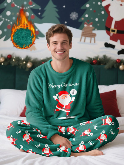 Men's Christmas-themed fleece pajama set, featuring a long-sleeve top and matching pants, comfortable and casual loungewear