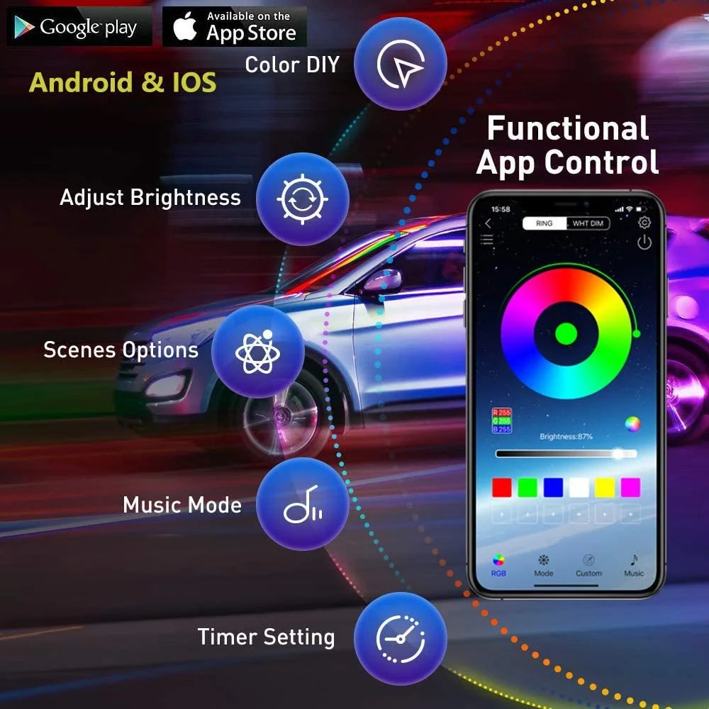 Neon LED Car Bottom Underglow Strip Lights Bar with Remote APP 16 Million Color Music DIY RGB Exterior Underbody Light 120x150cm