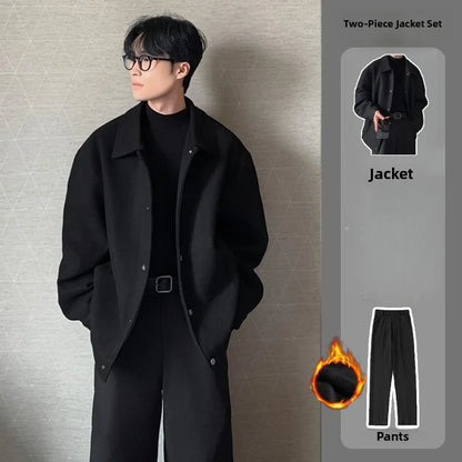 Men's Woolen Jacket Set Casual Autumn Winter Style Youth Long Sleeve Pants Three Piece Suit Elegant Fashionable Men's Wear