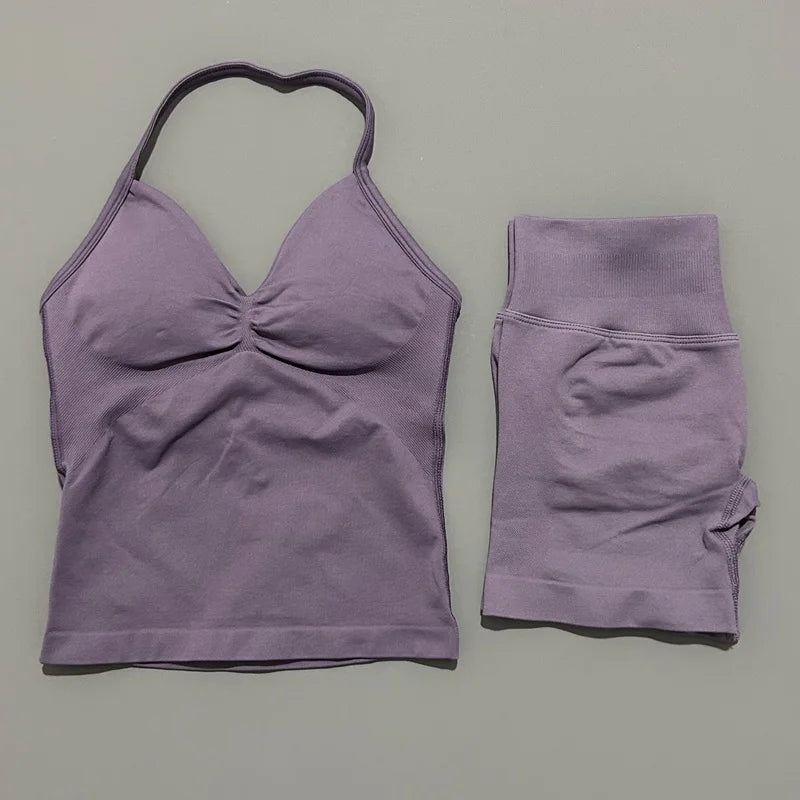 HISTELLO 2 Pieces Sports Set Women Yoga Longline Strap Top Scrunch Seamless Shorts Sport Gym Set Sportswear Workout Fitness Set