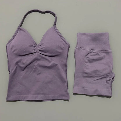 HISTELLO 2 Pieces Sports Set Women Yoga Longline Strap Top Scrunch Seamless Shorts Sport Gym Set Sportswear Workout Fitness Set