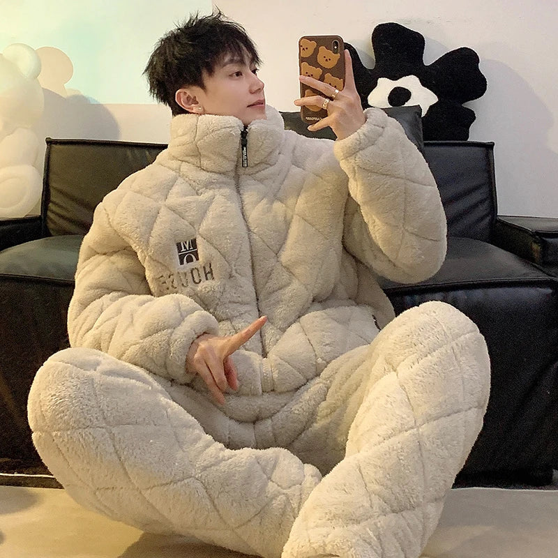 Men's Coral Fleece Sleepwear Thickened Cotton Sandwich Home Clothes Long Sleeve Zipper Closure Warm Home Suit for Autumn Winter