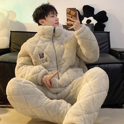 Men's Coral Fleece Sleepwear Thickened Cotton Sandwich Home Clothes Long Sleeve Zipper Closure Warm Home Suit for Autumn Winter