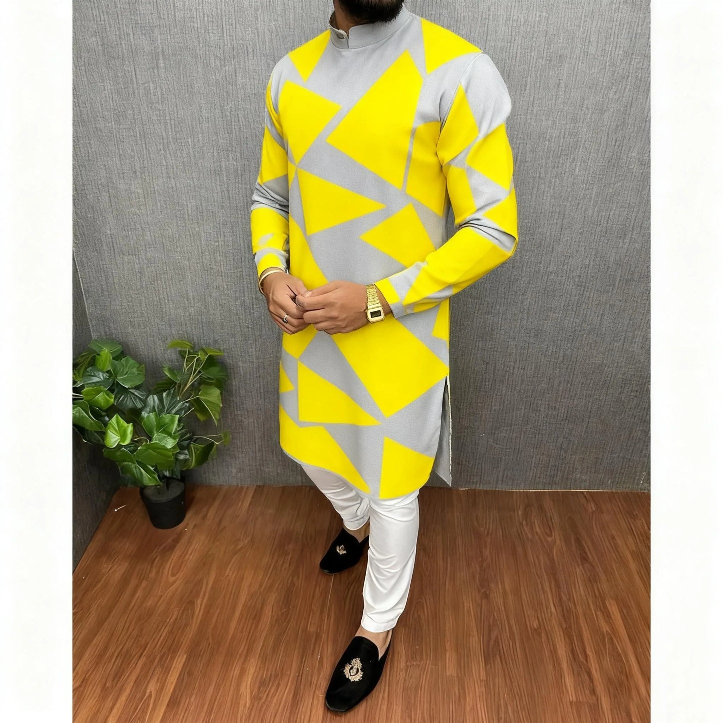 Men Islamic Arabic Abaya Robe Ethnic Print Stand Collar Youth Mid-length Shirt Luxury Coat Moslim Kleding Vestiti Musulmani Uomo