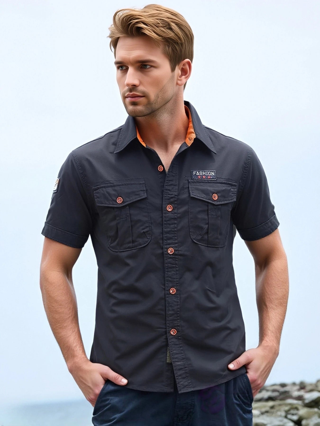 Men's military-style short-sleeved shirt, 100% cotton, multi-pocket design, lightweight and comfortable