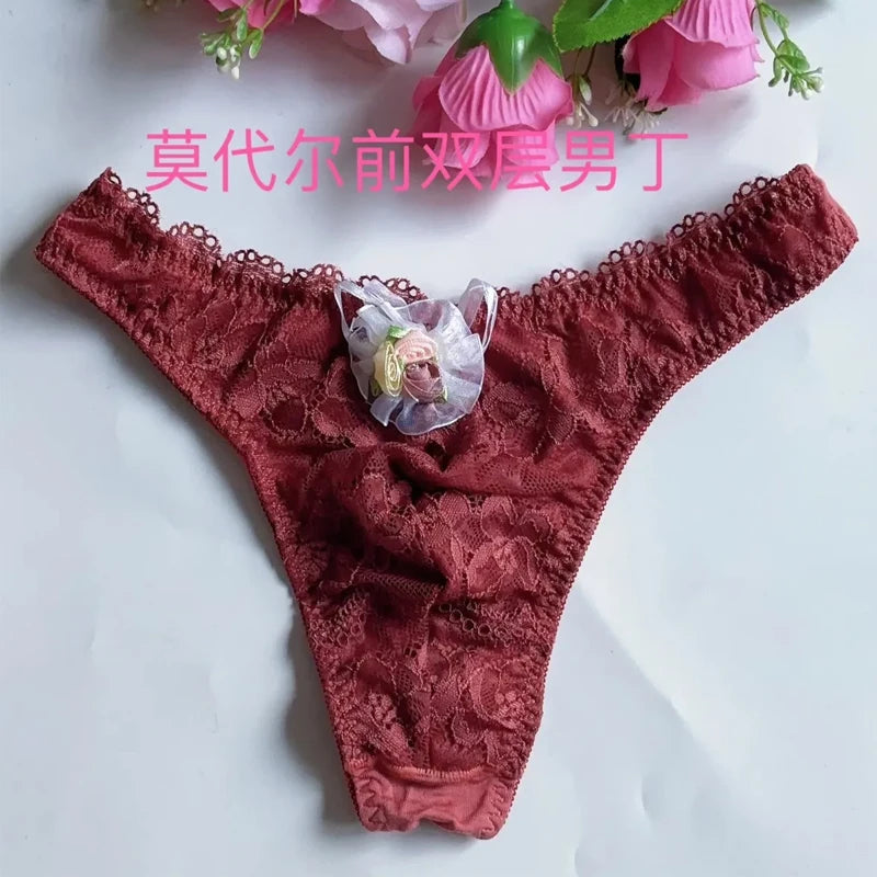 Thong Man's Flower Cute Lace T-back Briefs Live Show Dance Costumes DJ Club Private FKK Party Harajuku Panties