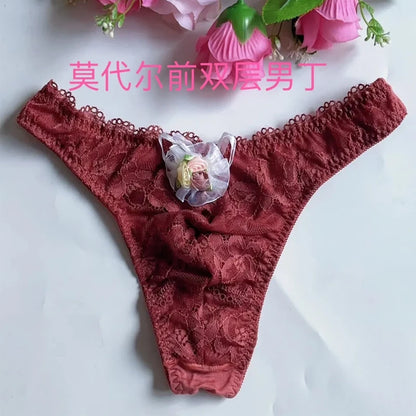Thong Man's Flower Cute Lace T-back Briefs Live Show Dance Costumes DJ Club Private FKK Party Harajuku Panties
