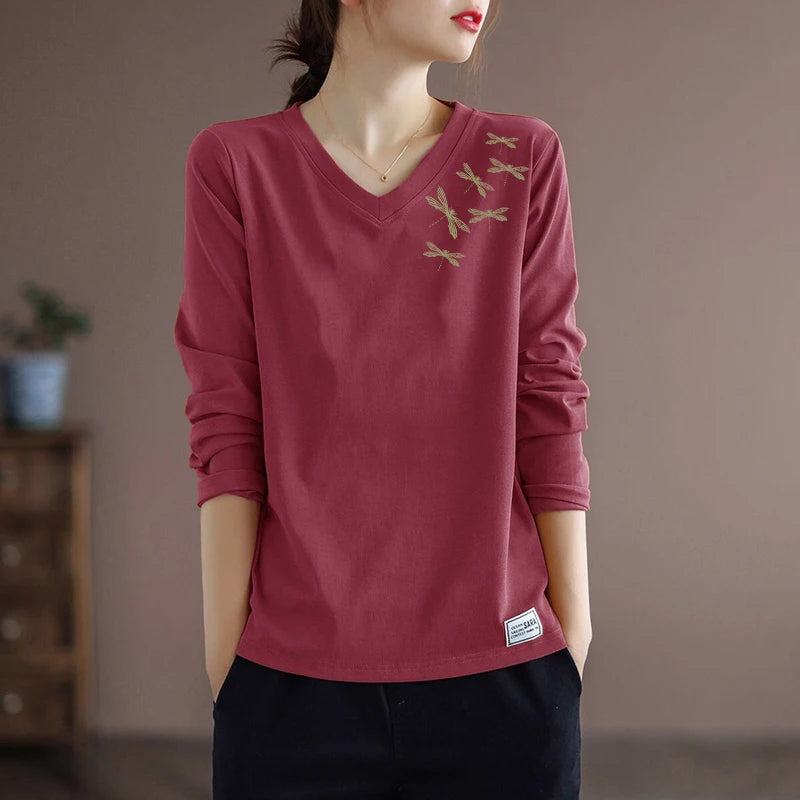 Pure Cotton Long Sleeve Women's T-shirt Autumn Season Versatile Base Layer Top Commute Style Loose Fit Regular Thickness