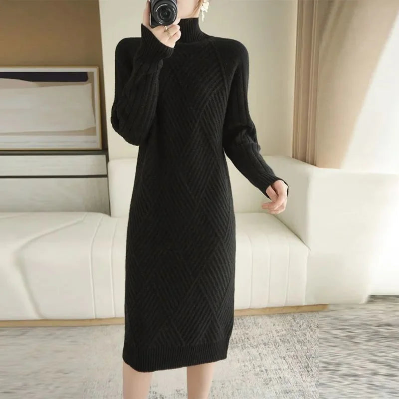 Thickened Winter Knitted Dress Women's Midi Knee-length Loose High-neck Fashionable Base Layer Dress Pure Color Long Sleeve